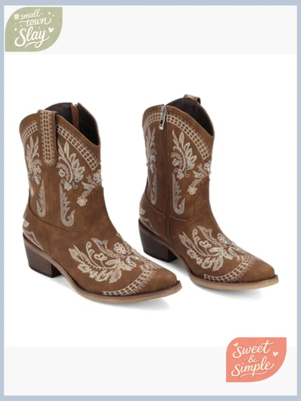 Embellished Ankle Cowboy Boots for Women Chunky Heel Side Zipper Western Booties - Picture 4 of 7